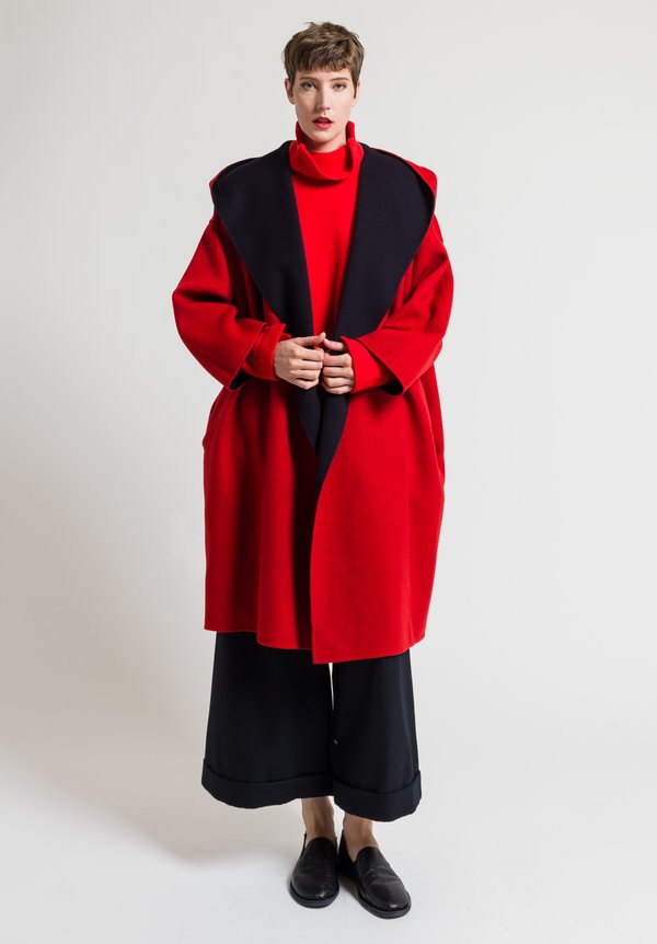 Daniela Gregis Wool Medio Melograno Hooded Coat in Navy and Red | Santa ...