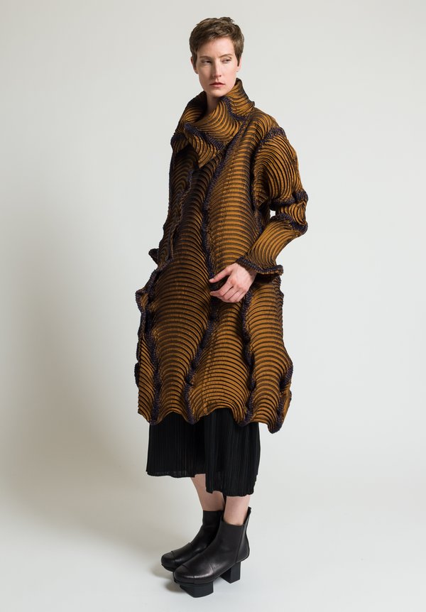 Issey Miyake Long Pleated Ram Jacket in Copper/ Navy	