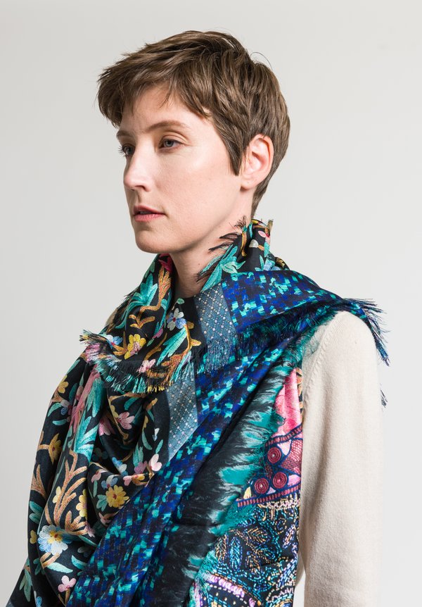Pierre Louis Mascia Feather, Embroidery & Textured Print Scarf in Multicolor	