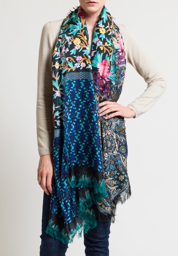 Pierre-Louis Mascia Feather, Embroidery & Textured Print Scarf in Multicolor	