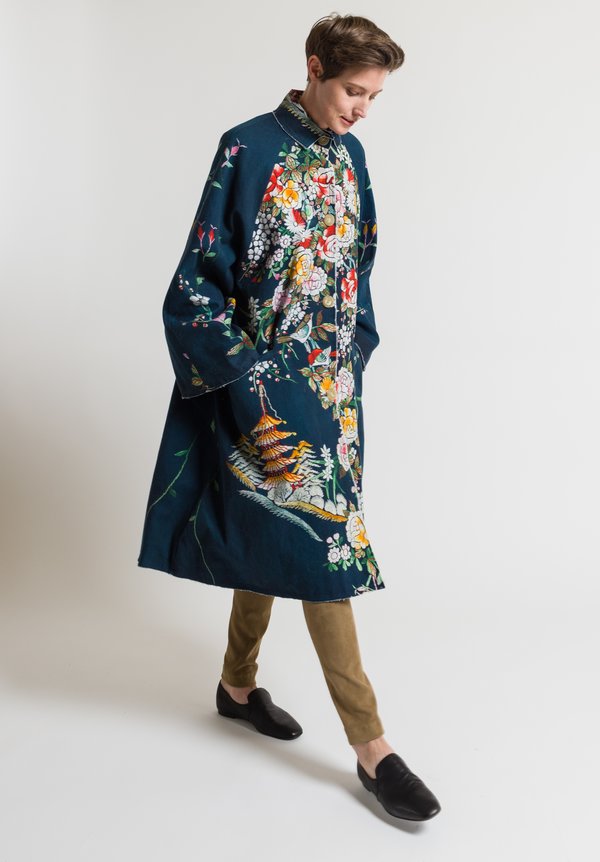 By Walid Dorothee Floral Embroidery Print Coat in Blue Floral/ Bird	