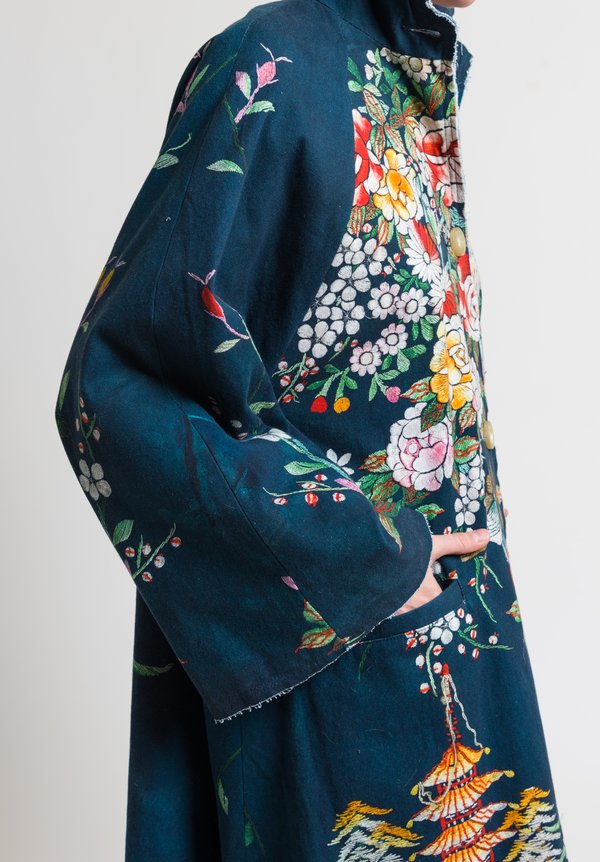 By Walid Dorothee Floral Embroidery Print Coat in Blue Floral/ Bird	