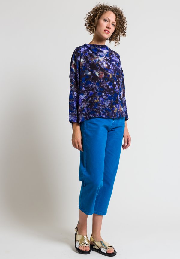 Anntian Short Asymmetrical Silk Top in Purple & Blue	