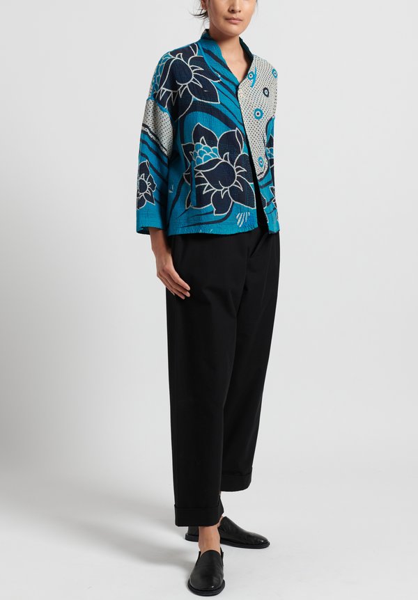 	Mieko Mintz 2-Layer Stand Collar Cropped Jacket in Turquoise/ Navy