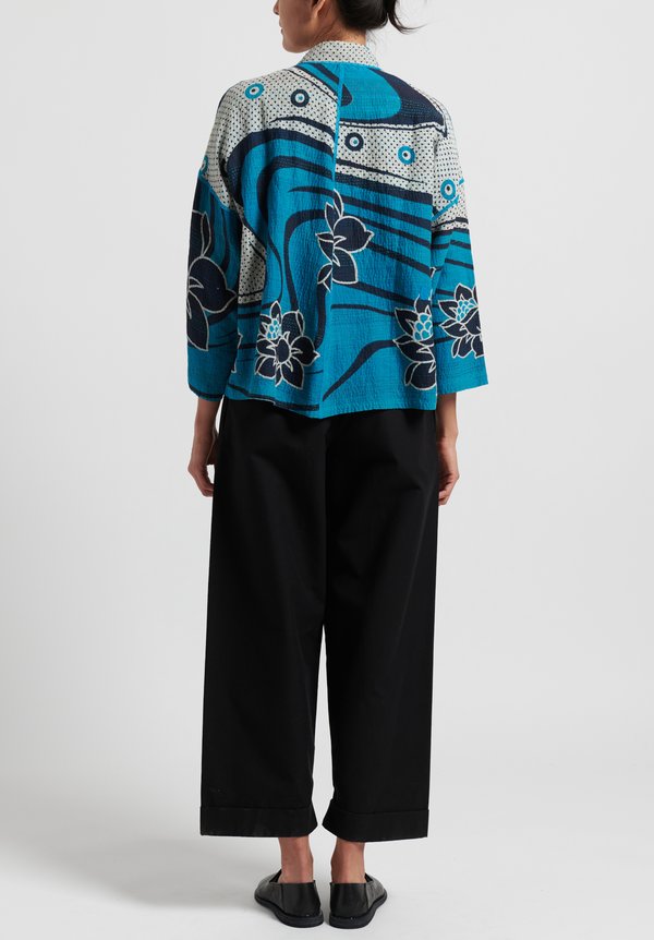 	Mieko Mintz 2-Layer Stand Collar Cropped Jacket in Turquoise/ Navy
