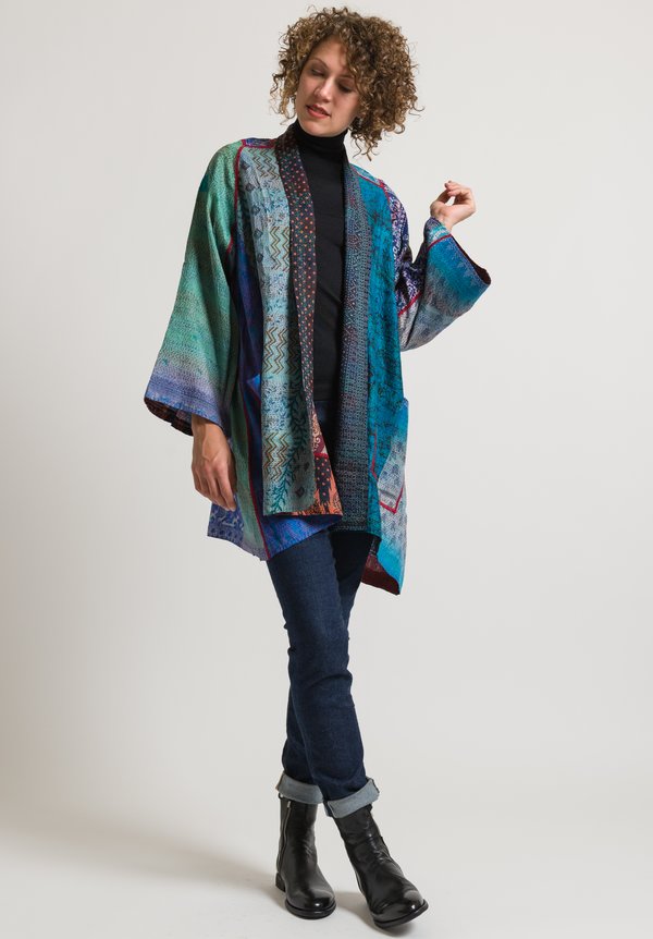 Mieko Mintz Vintage Silk 2-Layer Jacket in Turquoise/ Black	