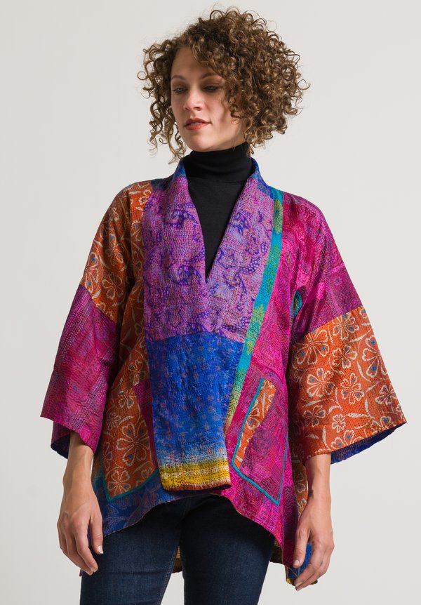 Mieko Mintz Silk 2-Layer Kimono Jacket in Pink/ Purple	