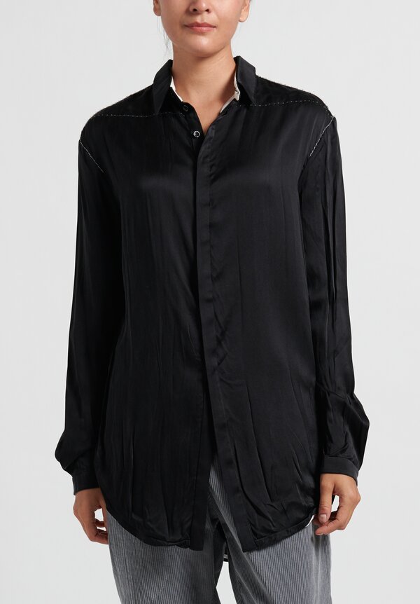 Umit Unal Silk Top Stitch Accent Long Button Shirt in Black	