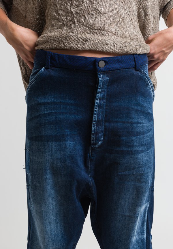 Umit Unal Button Cuff Drop Crotch Jeans in Blue	