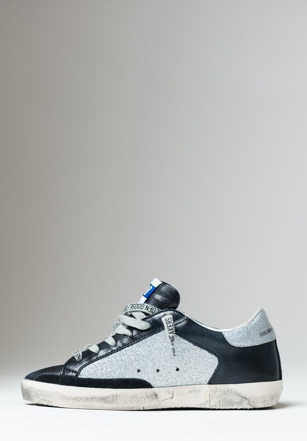 Golden Goose Glitter Superstar Sneakers in Silver Glitter/ Black	