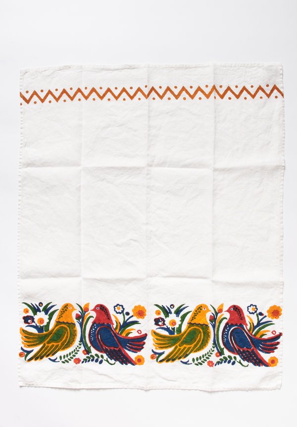 Bertozzi Handmade Linen  Kitchen Towel with Budgies in Orange	