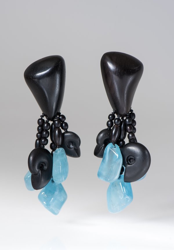 Monies UNIQUE Blue Topaz, Ebony Carved Shell Earrings