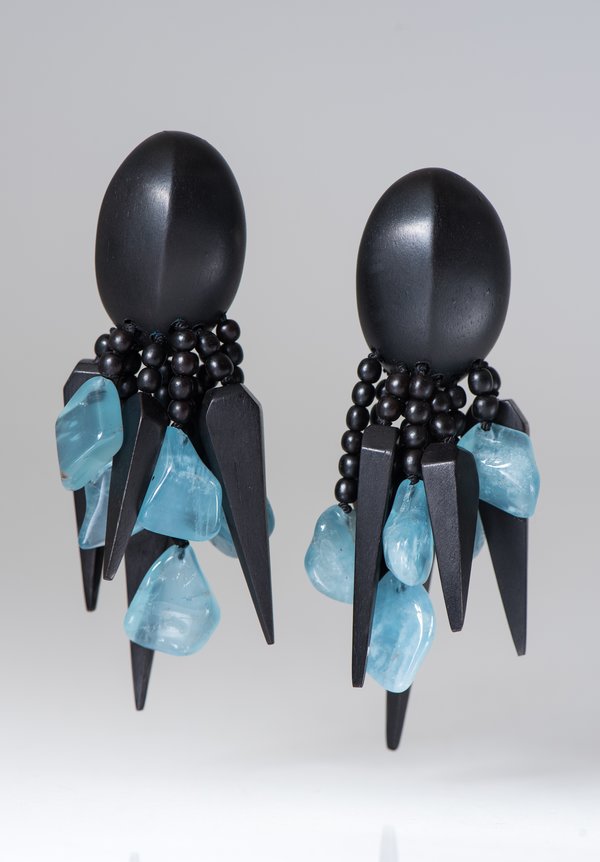Monies UNIQUE Blue Topaz, Ebony Carved Spike Earrings