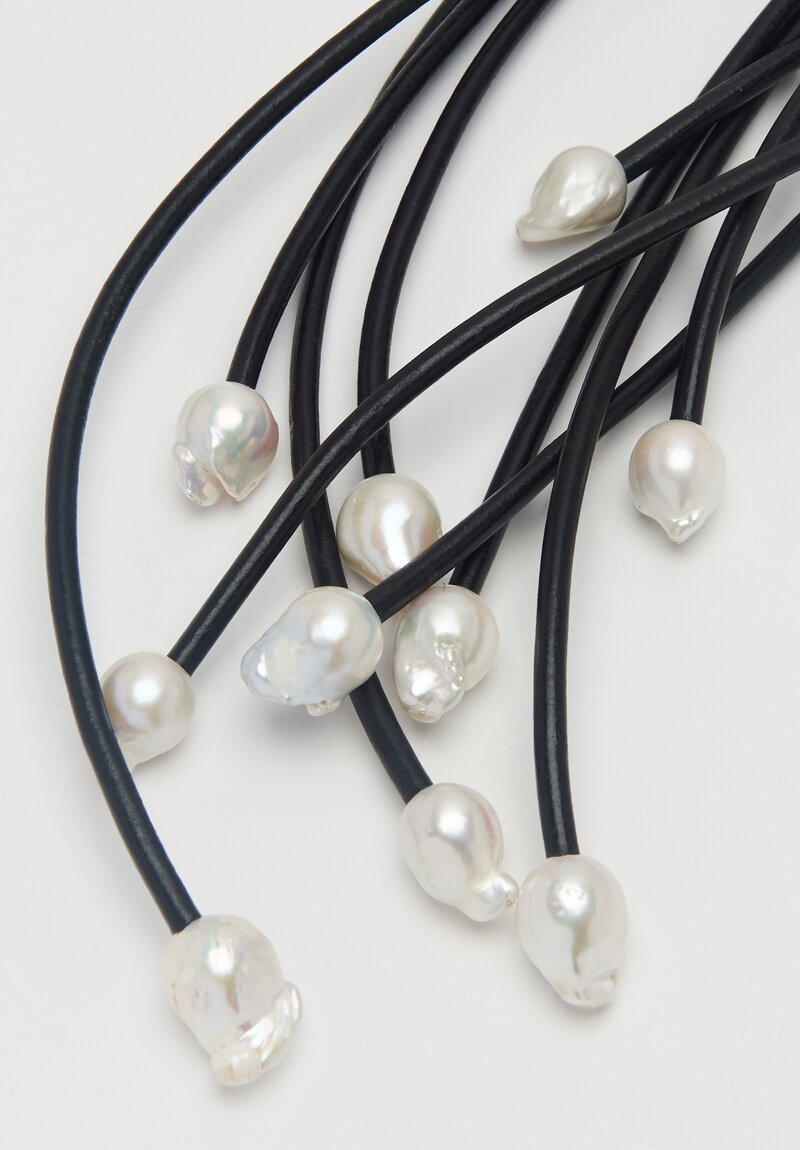 Monies UNIQUE Pearl, Ebony, Leather Cross Thin Strap Necklace	