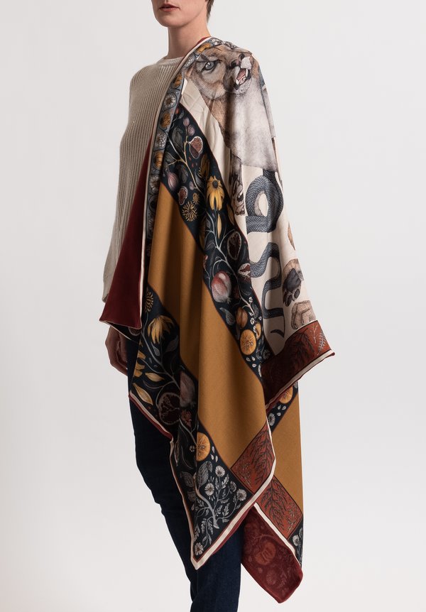 Sabina Savage Cashmere Backed Cougar & Serpent Scarf in Parchment/ Ink