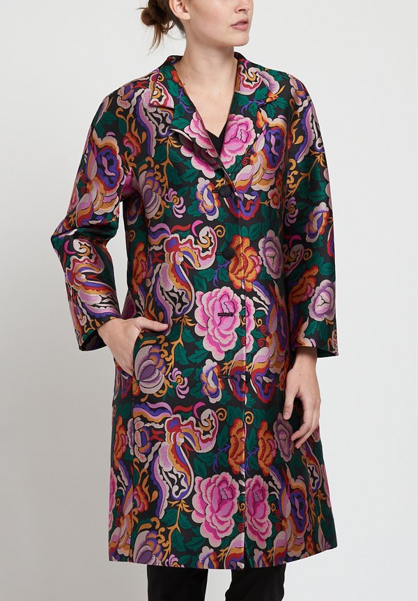 Etro Rose and Butterfly Print Coat in Black	