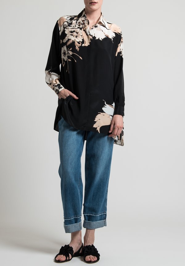 Etro Oversized Floral Print Blouse in Black	