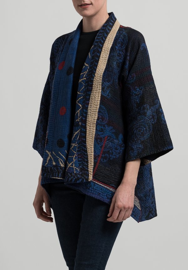 Mieko Mintz 4-Layer Dot & Paisley Kimono Jacket in Blue/ Black	