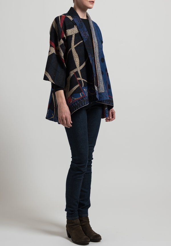 Mieko Mintz 4-Layer Dot & Paisley Kimono Jacket in Blue/ Black	