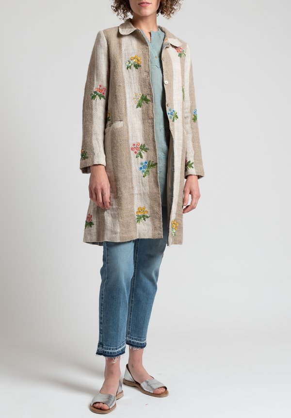 Péro Long Linen Sequin Floral Jacket in Natural