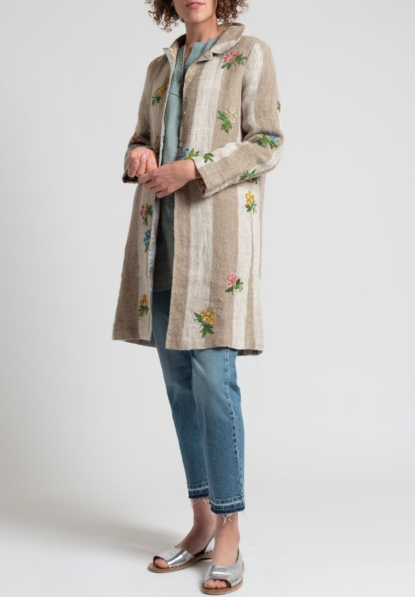 Péro Long Linen Sequin Floral Jacket in Natural