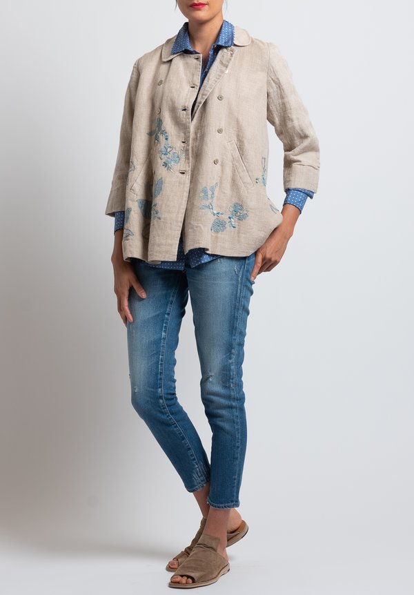 Péro Floral Embroidered Jacket in Natural/ Ocean	