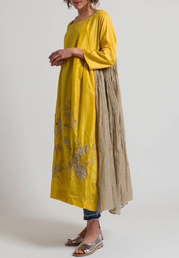 Péro Long Floral Embroidered Dress in Yellow	