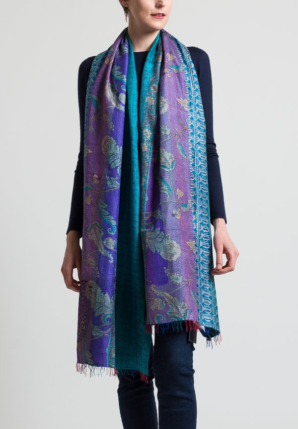Mieko Mintz 2-Layer Vintage Silk Wrap Scarf in Dark Blue  Teal