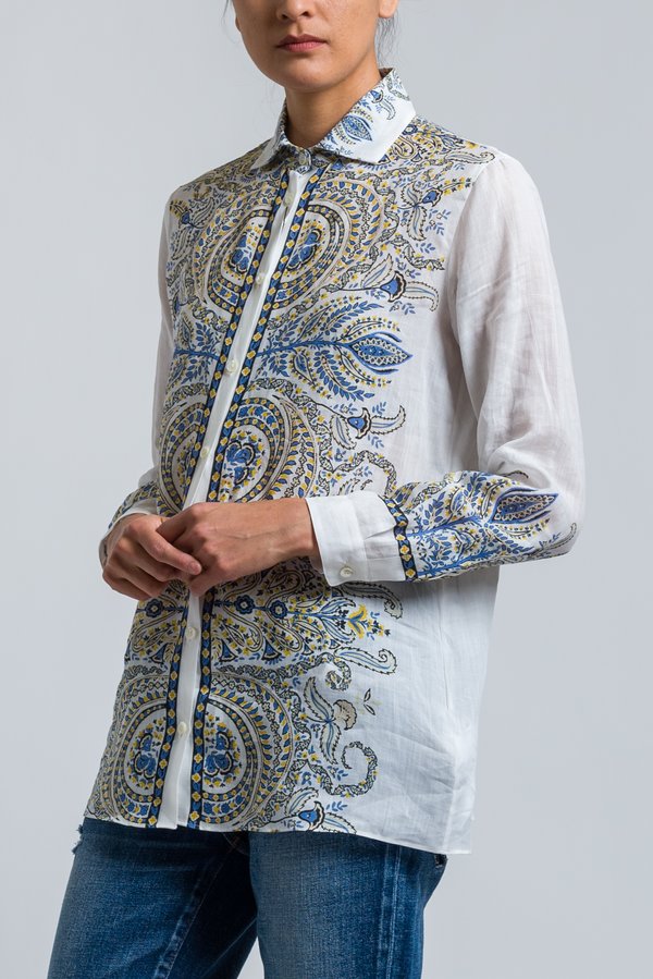 Etro Paisley Printed Button-Down Shirt in White/ Blue	