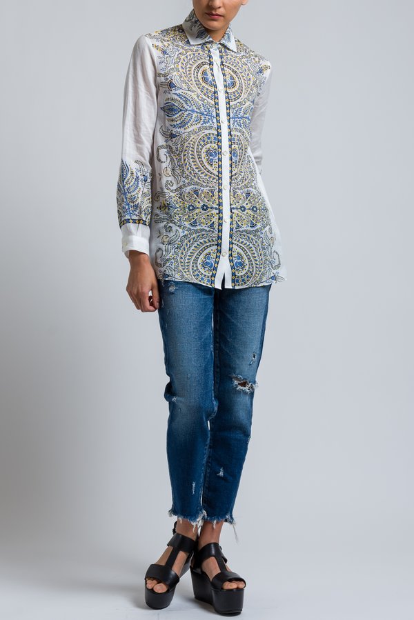 Etro Paisley Printed Button-Down Shirt in White/ Blue	