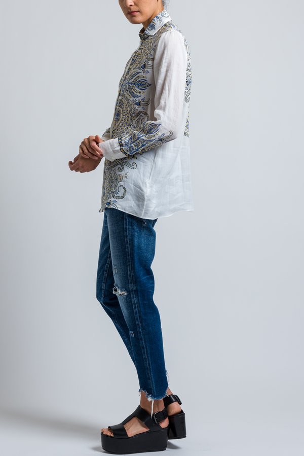 Etro Paisley Printed Button-Down Shirt in White/ Blue	