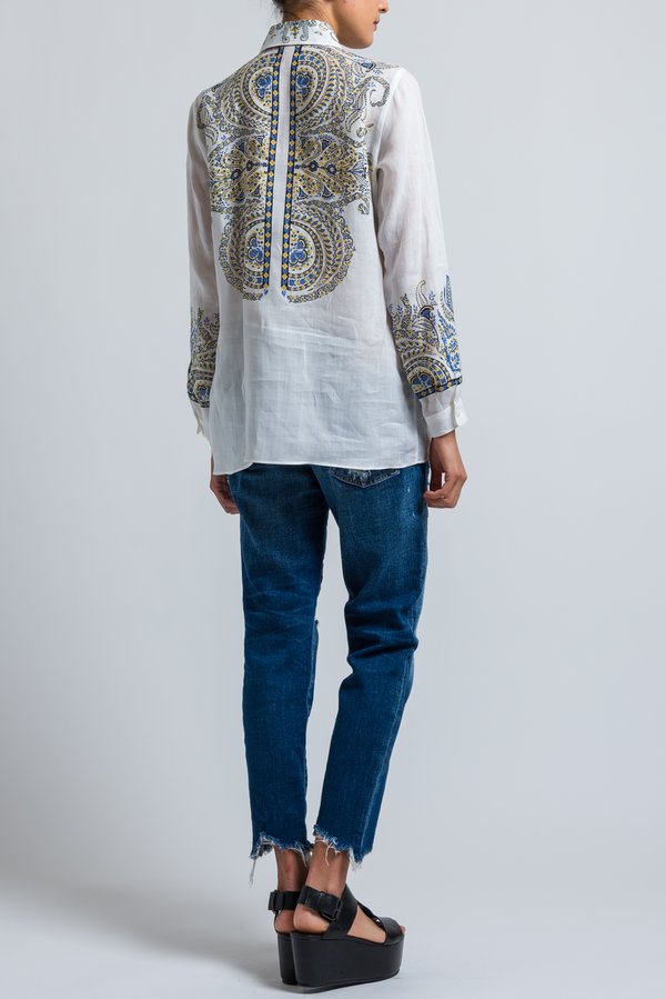 Etro Paisley Printed Button-Down Shirt in White/ Blue	