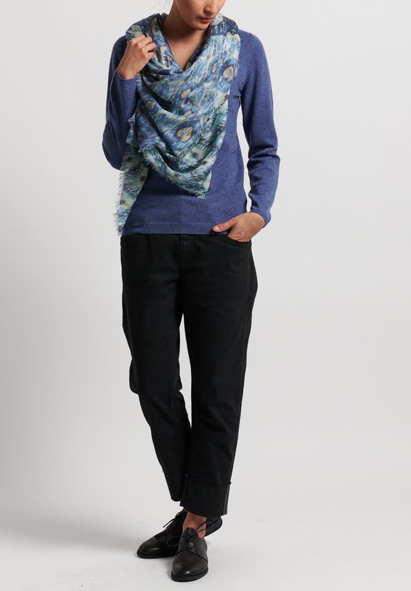 Alonpi Cashmere Printed Square Scarf in Turquoise Blue	