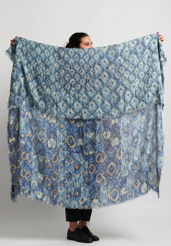Alonpi Cashmere Printed Square Scarf in Turquoise Blue	