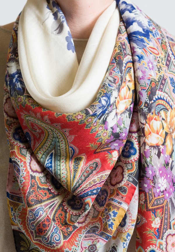 Etro Flower & Paisley Print Scarf in Ivory
