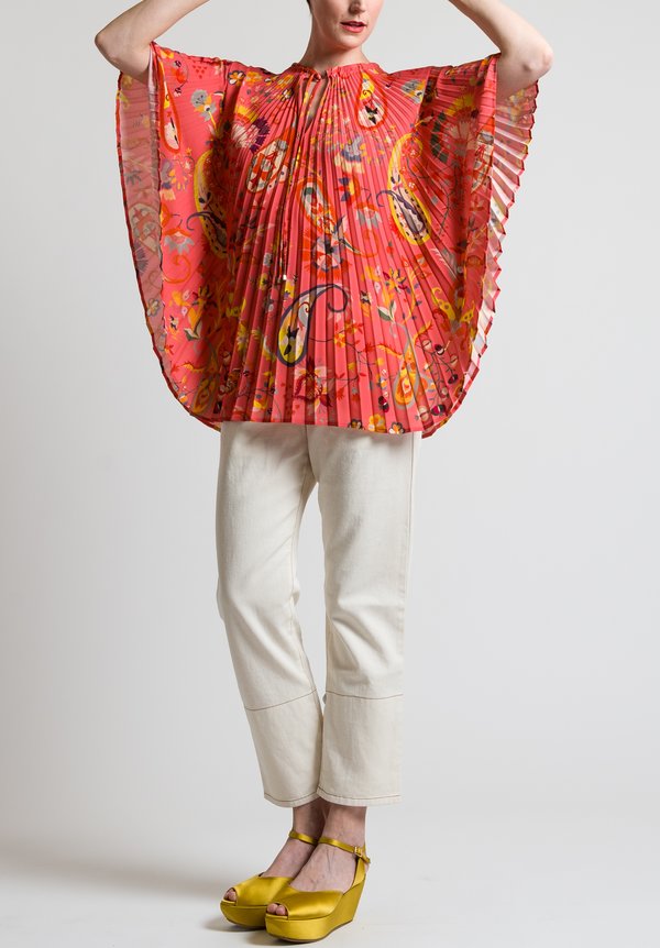 Etro Pleated Paisley Poncho Top in Coral