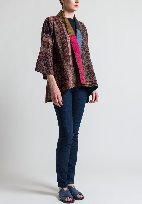 Mieko Mintz 2-Layer Ajrakh & Silk Ombre Patch Kimono Jacket in Chestnut / Plum	