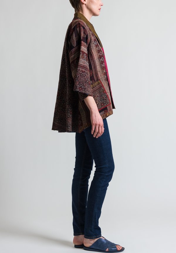 Mieko Mintz 2-Layer Ajrakh & Silk Ombre Patch Kimono Jacket in Chestnut / Plum	