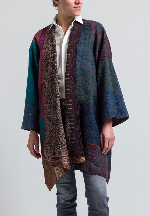 Mieko Mintz 2-Layer Ajrakh & Silk Ombre Patch Jacket in Chestnut/ Purple	
