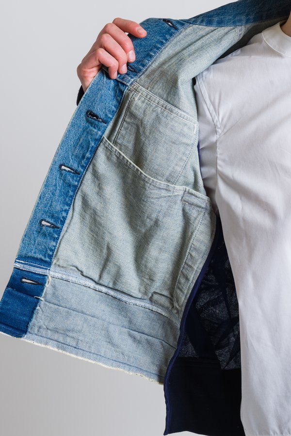 Sacai Multi-Fabric Denim Jacket in Blue X Navy	