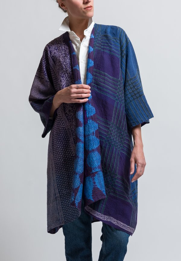 Mieko Mintz 2-Layer Indonesian & Shibori Print Kimono Duster in Purple / Indigo	
