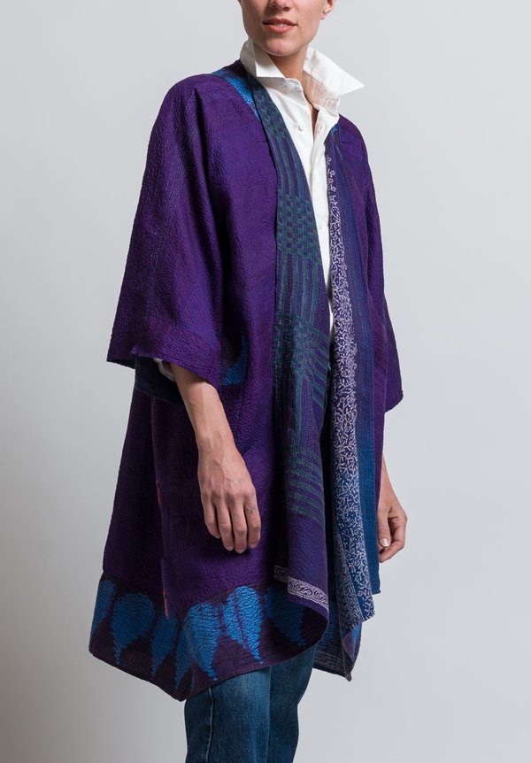 Mieko Mintz 2-Layer Indonesian & Shibori Print Kimono Duster in Purple / Indigo	