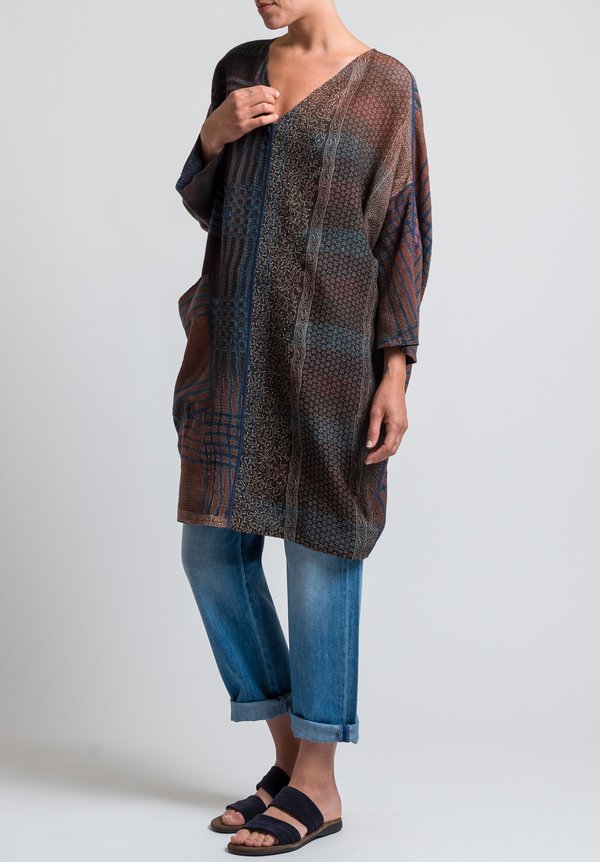 Mieko Mintz 2-Layer Indonesian Print Tunic in Mocha / Teal	