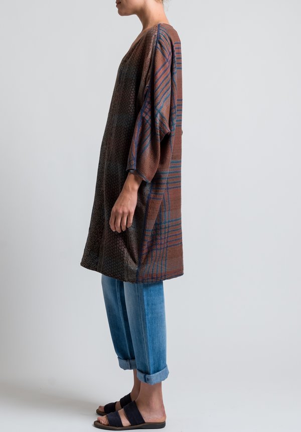 Mieko Mintz 2-Layer Indonesian Print Tunic in Mocha / Teal	