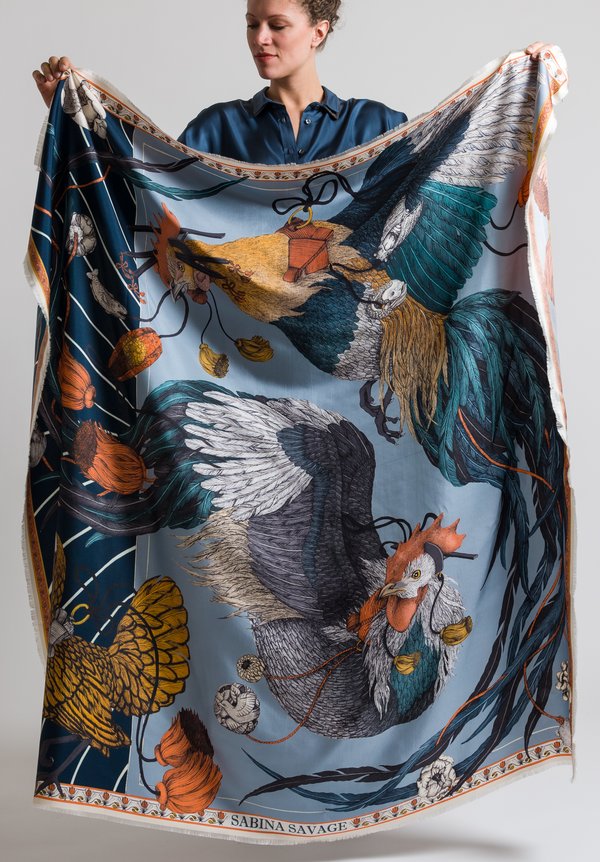 Sabina Savage Silk Twill Rooster's Dance Scarf in Denim / Chambray