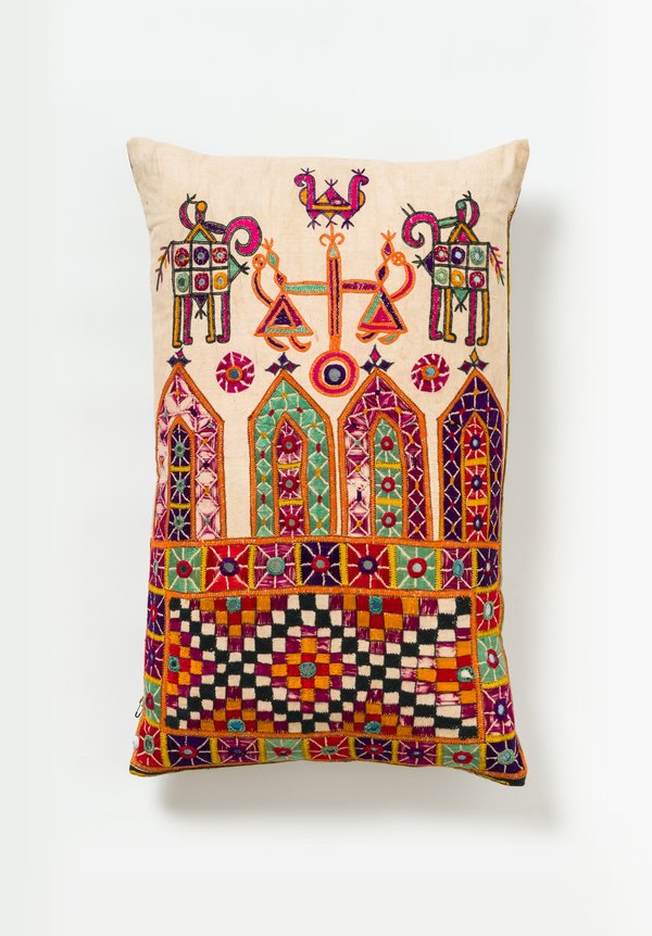 Wide Indian Camel Sack Lumbar Pillow in Multi / Magenta	