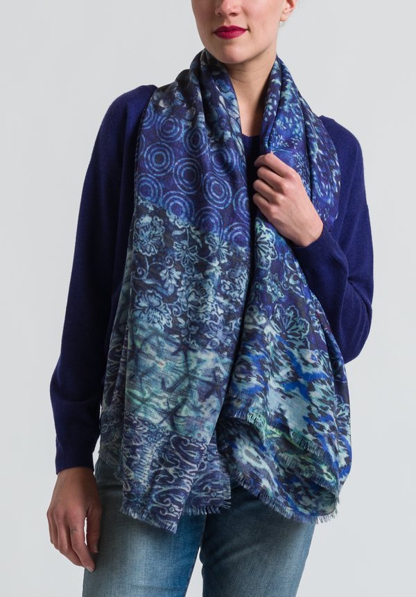 Alonpi Cashmere Printed Scarf in Turquoise Blue	