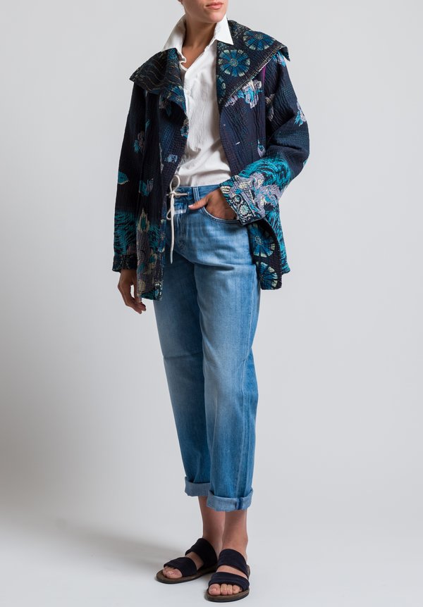 Mieko Mintz 4-Layer Vintage Cotton Fitted Jacket in Black/ Aqua	