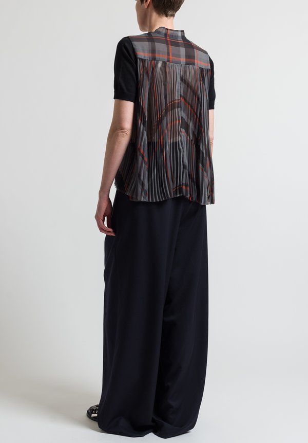 Sacai Pleated Check Back Top in Black	