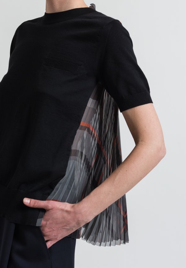 Sacai Pleated Check Back Top in Black	